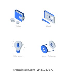 Simple set of isometric flat icons for finance 1. Contains such symbols as Wallet, Check, Make Money and Money Exchange.