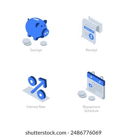 Einfache Gruppe von isometrischen flachen Icons für Finanzen 2. Enthält Symbole wie Spar-, Beleg-, Zins- und Tilgungsplan.