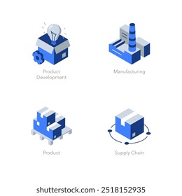 Conjunto simple de iconos planos isométricos para la producción. Contiene símbolos como Desarrollo de productos, Fabricación, Producto y Cadena de suministro.