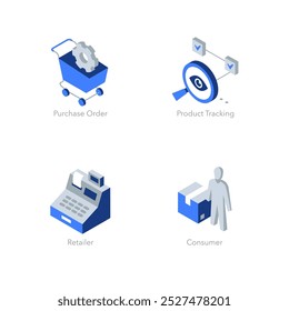 Conjunto simples de ícones planos isométricos para a cadeia de suprimentos. Contém símbolos como Ordem de Compra, Controle de Produto, Varejista e Consumidor.