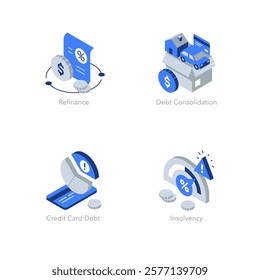 Simple set of isometric flat icons for finance 6. Contains such symbols as Refinance, Debt Consolidation, Credit Card Debt and Insolvency.