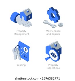 Simple set of isometric flat icons for property management 1. Contains such symbols as Property Management, Maintenance and Repairs, Leasing and Property Inspection.