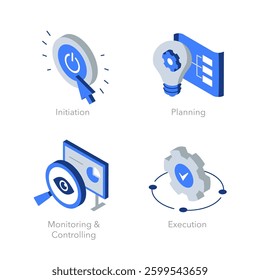 Simple set of isometric flat icons for project management. Contains such symbols as Initiation, Planning, Monitoring and Controlling and Execution.