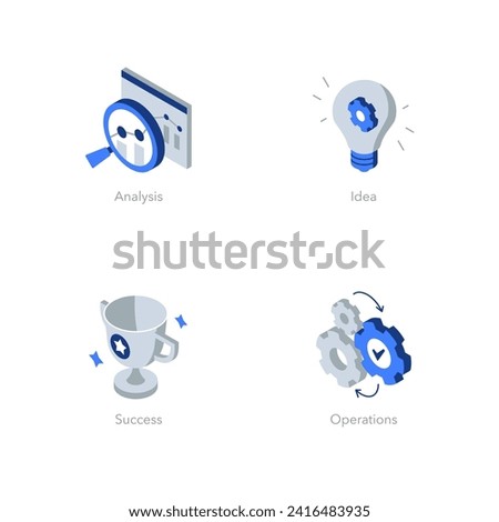 Simple set of isometric flat icons for business plan 1. Contains such symbols as Analysis, Idea, Success and Operations.