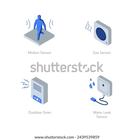 Simple set of isometric flat icons for home security 2. Contains such symbols as Motion sensor, Gas sensor, Outdoor siren and Water leak sensor.