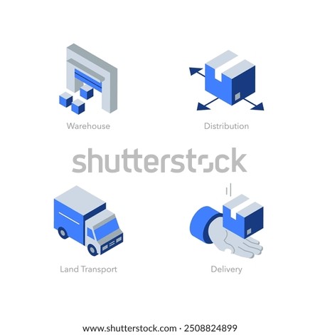 Simple set of isometric flat icons for logistics 2. Contains such symbols as Warehouse, Distribution, Land Transport and Delivery.