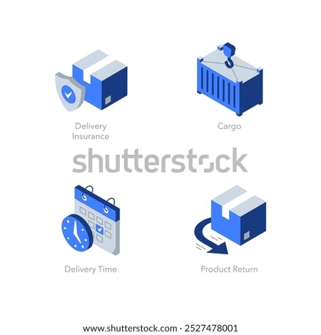 Simple set of isometric flat icons for logistics 3. Contains such symbols as Delivery Insurance, Cargo, Delivery Time and Product Return.