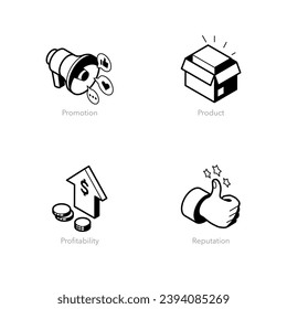 Conjunto simple de iconos de línea isométrica para marketing. Contiene símbolos como Promoción, Producto, Rentabilidad y Reputación.