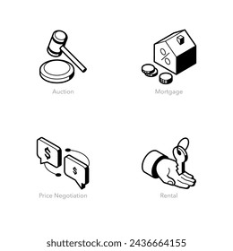 Simple set of isometric line icons for real estate. Contains such symbols as Auction, Mortgage, Price Negotiation and Rental.