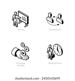 Simple set of isometric line icons for employment 1. Contains such symbols as Training, Coordination, Employee Benefits and Working hours.