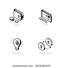 Conjunto simple de iconos de línea isométrica para finanzas 1. Contiene símbolos como billetera, cheque, ganar dinero y cambio de dinero.