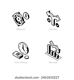 Simple set of isometric line icons for finance 3. Contains such symbols as Objective, Decision, Time is Money and Decrease.