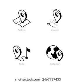 Simple set of isometric line icons for logistics 1. Contains such symbols as Address, Distance, Route and Destination.