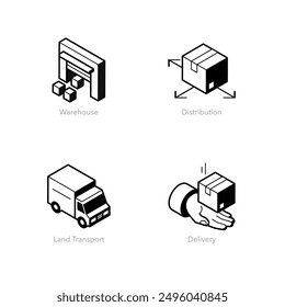 Simple set of isometric line icons for logistics 2. Contains such symbols as Warehouse, Distribution, Land Transport and Delivery.