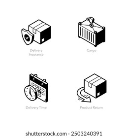 Einfache Menge von isometrischen Linien-Symbole für die Logistik 3. Enthält Symbole wie Lieferversicherung, Fracht, Lieferzeit und Produkt-Rücksendung.
