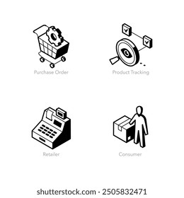 Simple set of isometric line icons for supply chain. Contains such symbols as Purchase Order, Product Tracking, Retailer and Consumer.