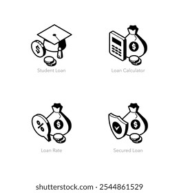 Simple set of isometric line icons for finance 5. Contains four financial symbols on the theme of bank loan.