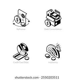 Simple set of isometric line icons for finance 6. Contains such symbols as Refinance, Debt Consolidation, Credit Card Debt and Insolvency.