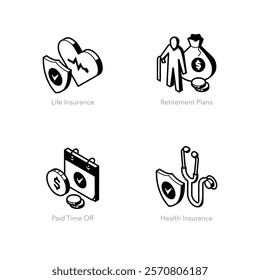 Simple set of isometric line icons for employee benefits. Contains such symbols as Life Insurance, Retirement Plans, Paid Time Off and Health Insurance.