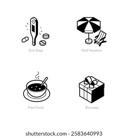 Simple set of isometric line icons for employee benefits. Contains such symbols as Sick Days, Paid Vacation, Free Food and Bonuses.