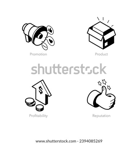 Simple set of isometric line icons for marketing. Contains such symbols as Promotion, Product, Profitability and Reputation.