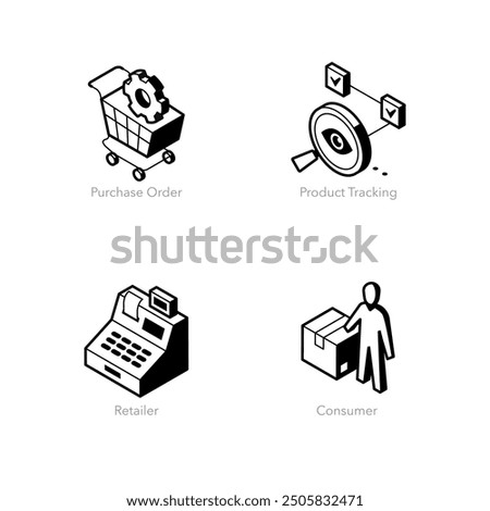 Simple set of isometric line icons for supply chain. Contains such symbols as Purchase Order, Product Tracking, Retailer and Consumer.
