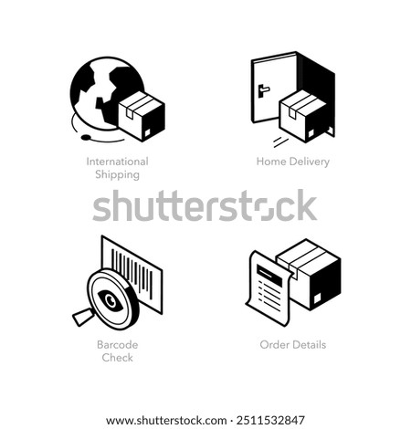 Simple set of isometric line icons for logistics 4. Contains such symbols as International Shipping, Home Delivery, Barcode Check and Order Details.