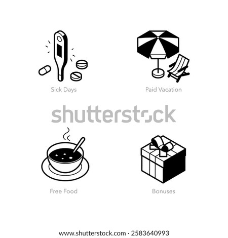 Simple set of isometric line icons for employee benefits. Contains such symbols as Sick Days, Paid Vacation, Free Food and Bonuses.