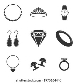 Simple set of jewelry related vector line icons isolated on white background. Contains icons such as earrings, wedding ring, crown, watch and more.
