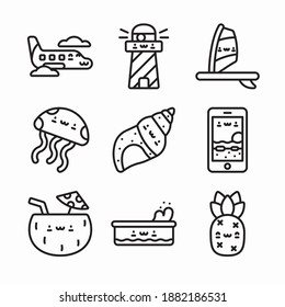 Simple Set Kawaii Summer Characters Vector Line Icons. Line With Editable Stroke
