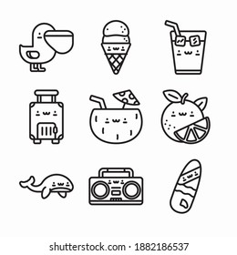 Simple Set Kawaii Summer Characters Vector Line Icons. Line With Editable Stroke
