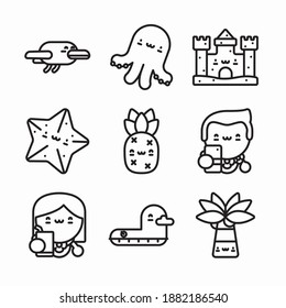 Simple Set Kawaii Summer Characters Vector Line Icons. Line With Editable Stroke
