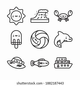 Simple Set Kawaii Summer Characters Vector Line Icons. Line With Editable Stroke