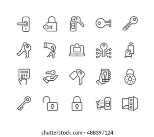 Simple Set of Keys and Locks Related Vector Line Icons. 
Contains such Icons as Car Keys, Electronic opener, Pin Pad and more.
Editable Stroke. 48x48 Pixel Perfect.