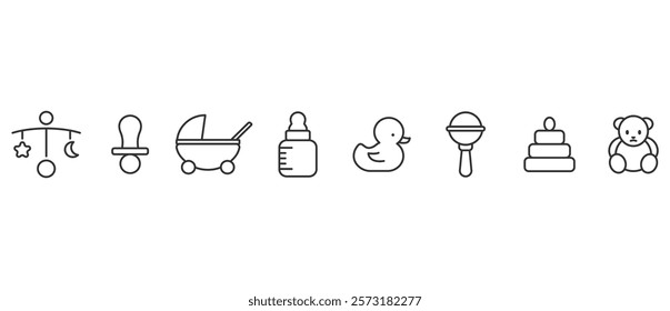 SImple set of Kids toys in line style. Babies, baby toys, feeding and care element thin line web icon set. Kids toys outline icons collection simple vector illustration in transparent background.