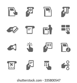 Simple Set of Kiosk Terminal Related Vector Icons. Contains such icons as choosing options, getting recipe, printing tickets and more. Modern vector pictogram collection.