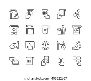 Simple Set of Kiosk Terminal Related Vector Line Icons. 
Contains such Icons as Choosing Options, Getting Receipt, Printing Tickets and more. Editable stroke. 48x48 Pixel Perfect. 