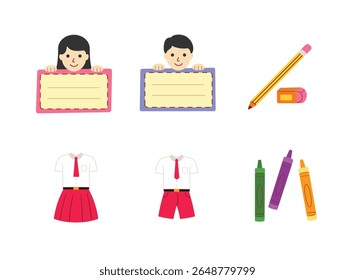 Simple Set of Kit Elementary School Colorful Illustration. Contains Illustration as Student Name Tag, Pencil, School Uniform and more.