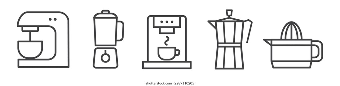 Simple Set of Kitchen Appliances Editable Vector Thin Line Icons. Contains such Symbols as kitchen machine, blender, coffee maker, espresso pot and squeezer