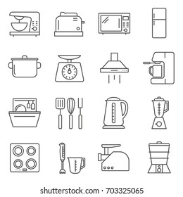 Simple Set of kitchen appliances Related Vector Line Icons. Contains such Icons as machinery, equipment, kettle, mixer, oven, coffee maker and more. 