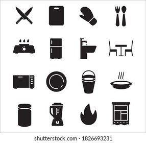 Simple Juego de cocina y equipo de cocina Diseño gráfico de iconos de vectores relacionados. Contiene íconos como cuchillo, tabla de corte, guantes, refrigerador, mezclador, horno, sartén, cocina, tenedor y cuchara