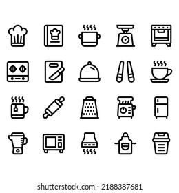 simple set of kitchen icon with line style. Contains such icon as chef, recipe book, pot and more. Pixel perfect icon. 32 px grid. Editable stroke