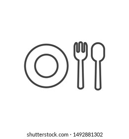 Simple set of kitchen utensil plate with spoon and fork minimal icon isolated. Modern outline on white background