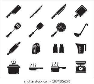 Simple Set of kitchen utensil Related Vector icon user interface graphic design. Contains such Icons as knife, cleaver, chopping board, spatula, fish turner, cheese grater, pan, steamer, measure jug