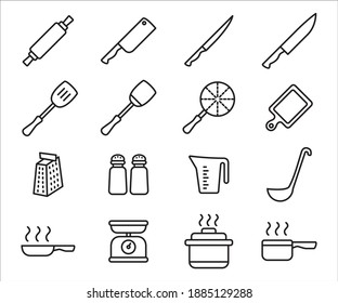 Simple Set of kitchen utensil Related Vector icon user interface graphic design. Contains such Icons as knife, cleaver, chopping board, spatula, fish turner, cheese grater, pan, steamer, measure jug