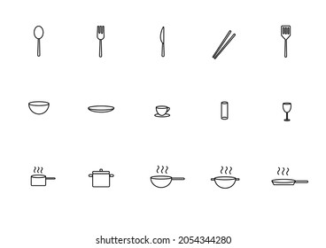 Einfache Set von Küchen-Utensils und Küchenutensilien verwandte Vektorliniensymbole. Enthält Symbole wie Spoon, Gabel, Knife, Chopstick, Spatula, Bowl, Plate, Cup, Glas, Weinglas, Pot, Wok und mehr.
