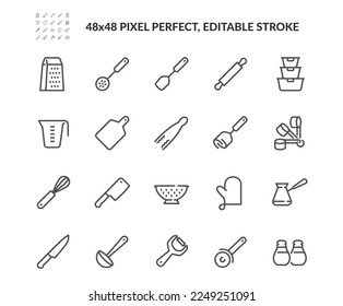 Simple Set of  Kitchen Utilities Related Vector Line Icons. 
Contains such Icons as Stainer, Measuring Cup, Grater and more. Editable Stroke. 48x48 Pixel Perfect.