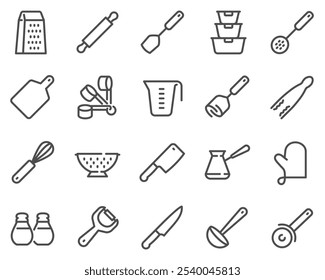 Simple Set of Kitchen Utilities Related Vector Line Icons. Contains such Icons as Stainer, Measuring Cup, Grater and more. Editable Stroke.