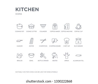 simple set of kitchen vector line icons. contains such icons as aluminum foil, apron, beater, bottle opener, bowl, broiler, bun warmer, chef hat, chopping board and more. editable pixel perfect.