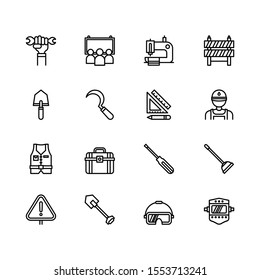 Simple Set of Labor Day Related Vector Line Icons. Contains such Icons as plumber, plunger, road barrier, safety glasses, screwdriver, set square, sewing machine, shovel and more.